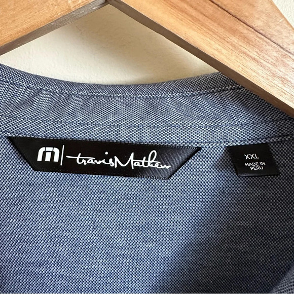 Travis Matthew Mens XXL Blue Oxford Polo Shirt Palm Tree Pocket Print Casual - Picture 3 of 5